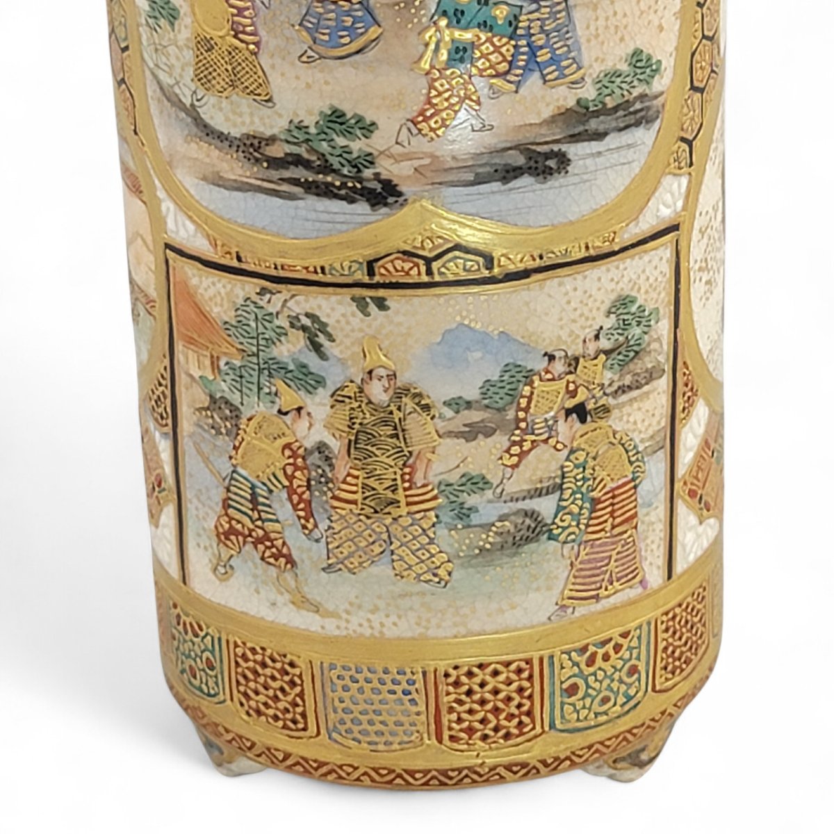 Vase cylindrique en Satsuma, Japon Meiji, scènes de samouraïs et de cour-photo-7