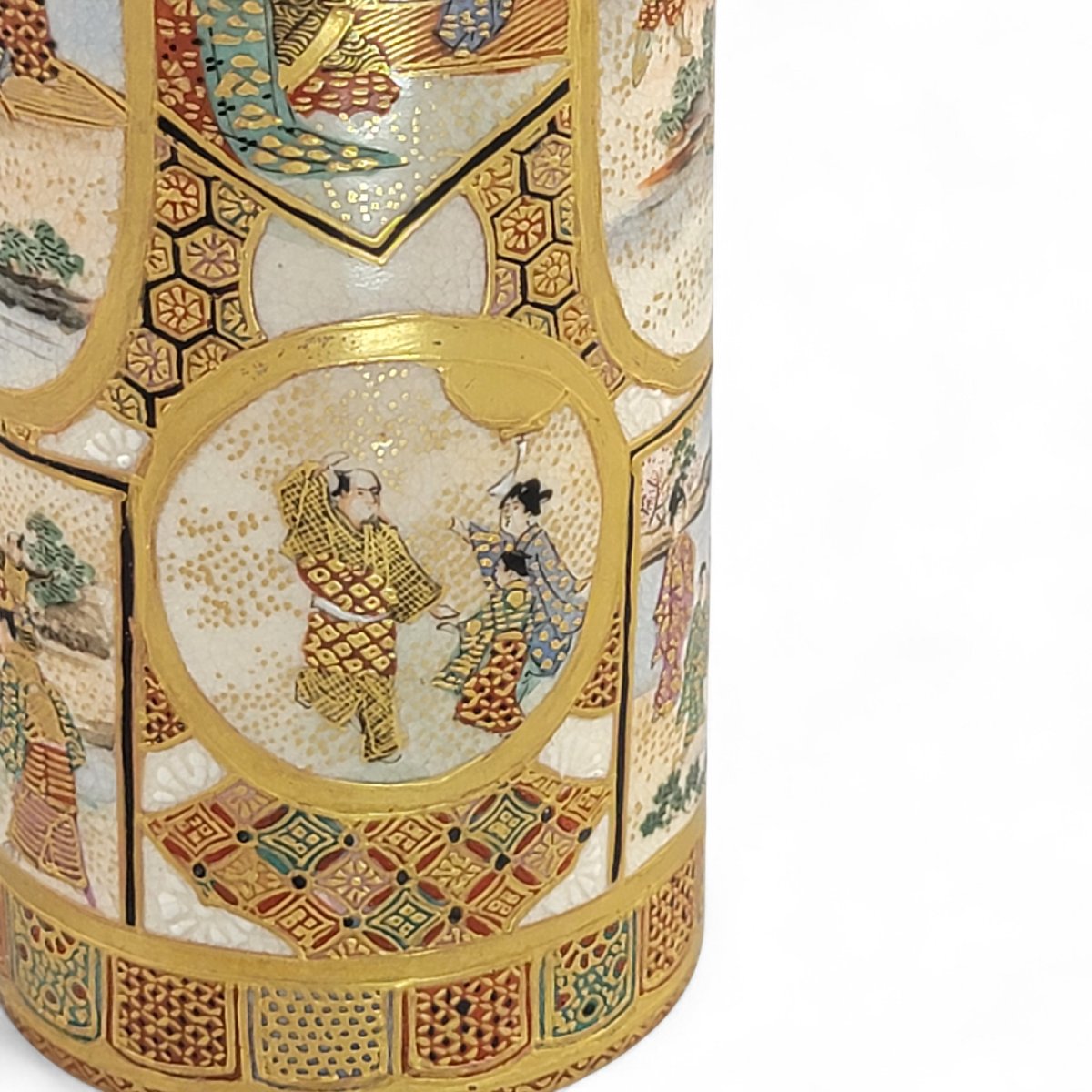 Vase cylindrique en Satsuma, Japon Meiji, scènes de samouraïs et de cour-photo-8