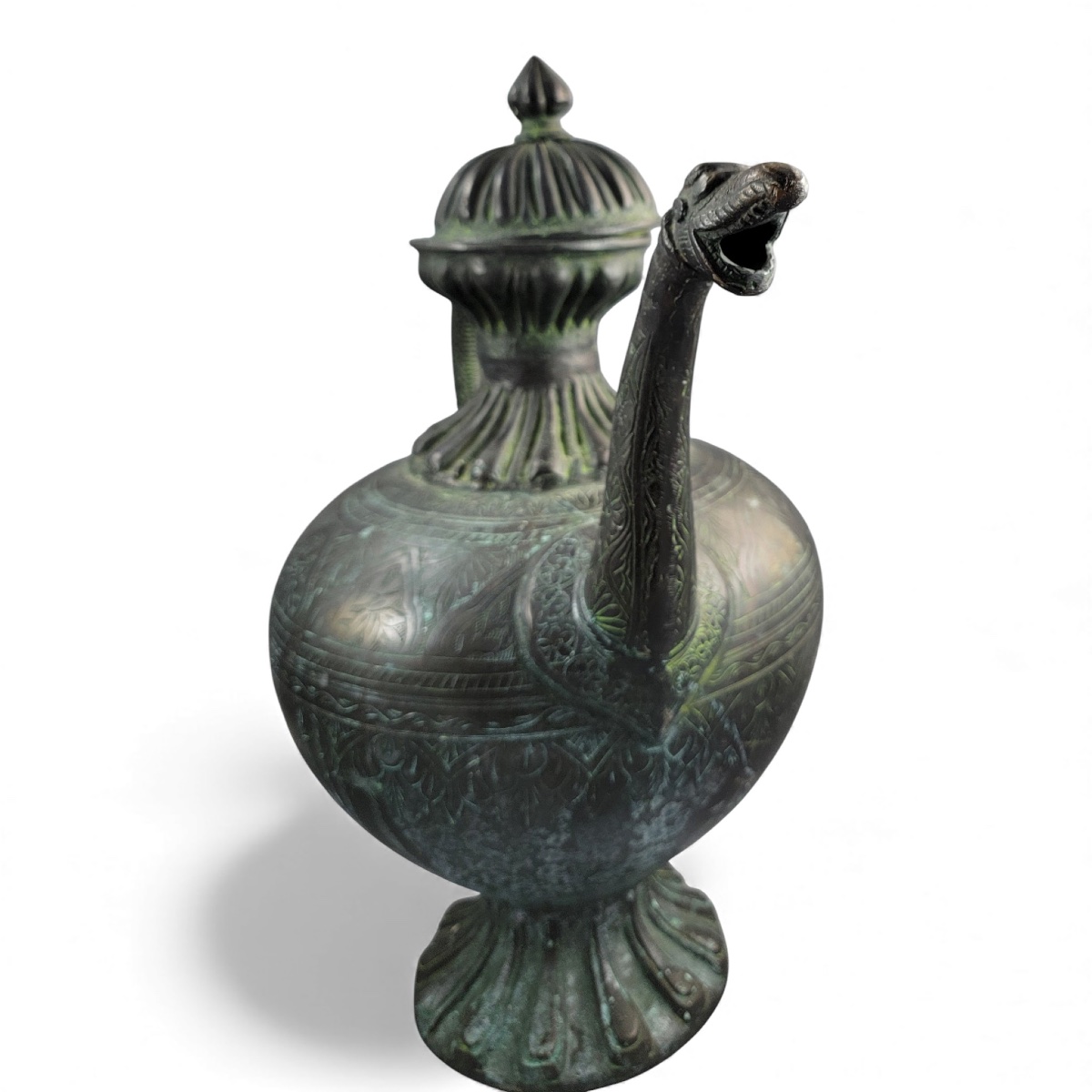 Grande aiguière indo-persane en bronze, anse makara, Inde c. 1850-photo-2