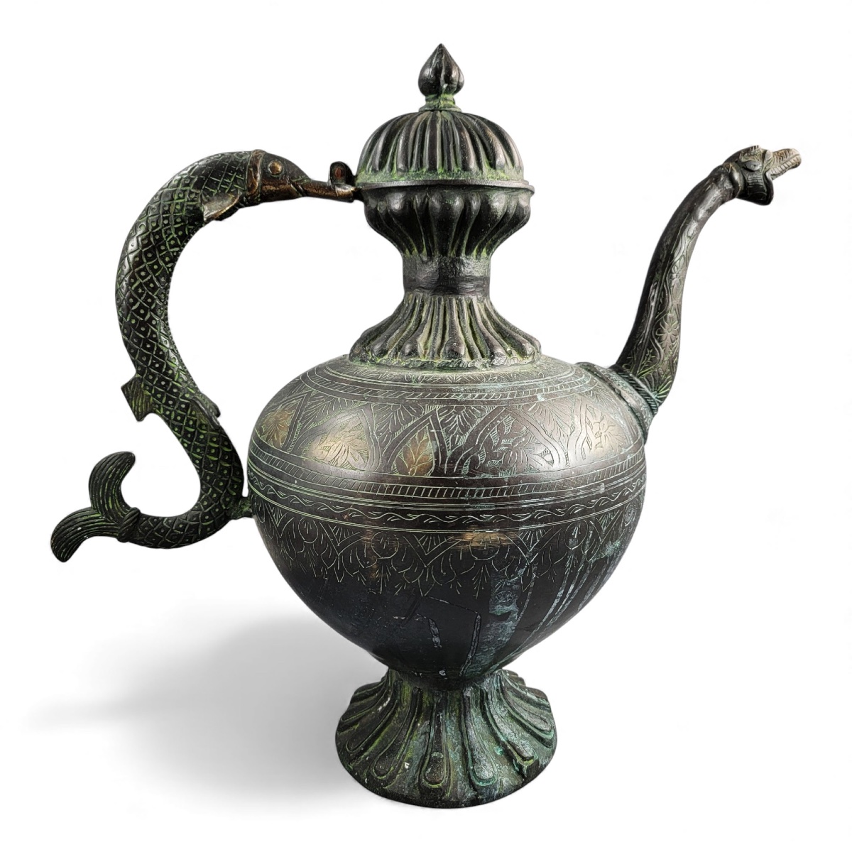 Grande aiguière indo-persane en bronze, anse makara, Inde c. 1850-photo-3