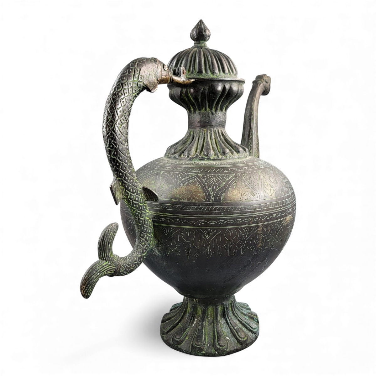 Grande aiguière indo-persane en bronze, anse makara, Inde c. 1850-photo-4