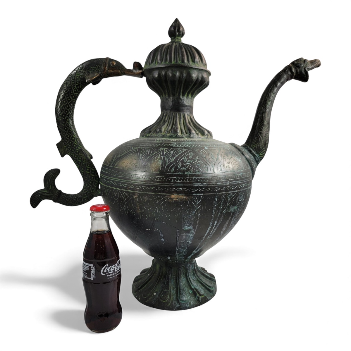 Grande aiguière indo-persane en bronze, anse makara, Inde c. 1850-photo-2