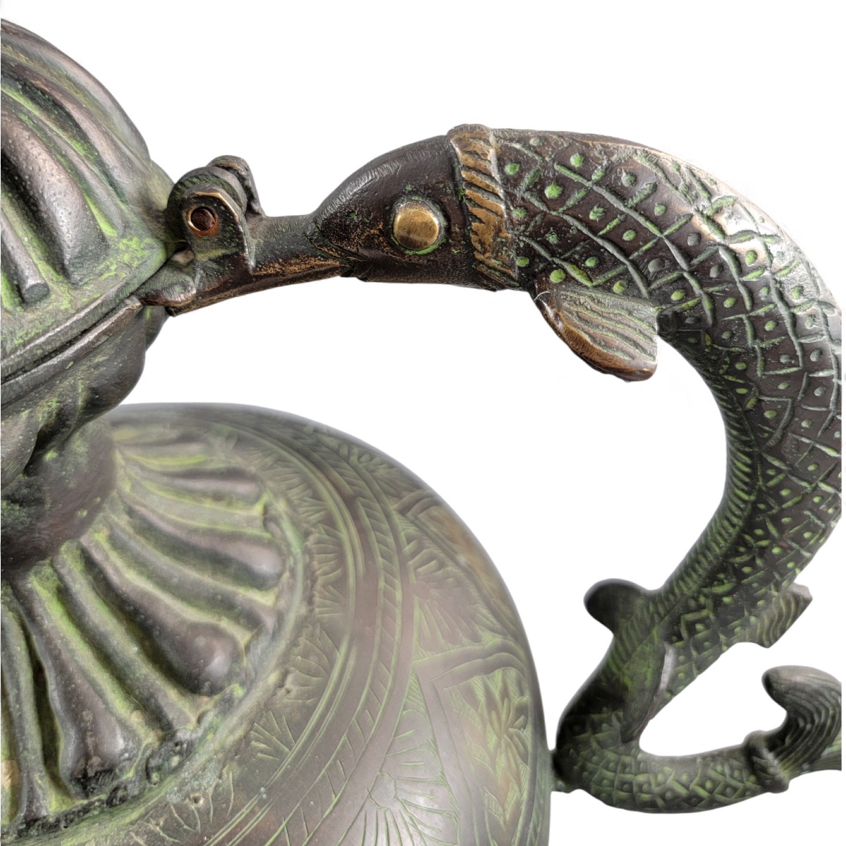 Grande aiguière indo-persane en bronze, anse makara, Inde c. 1850-photo-8