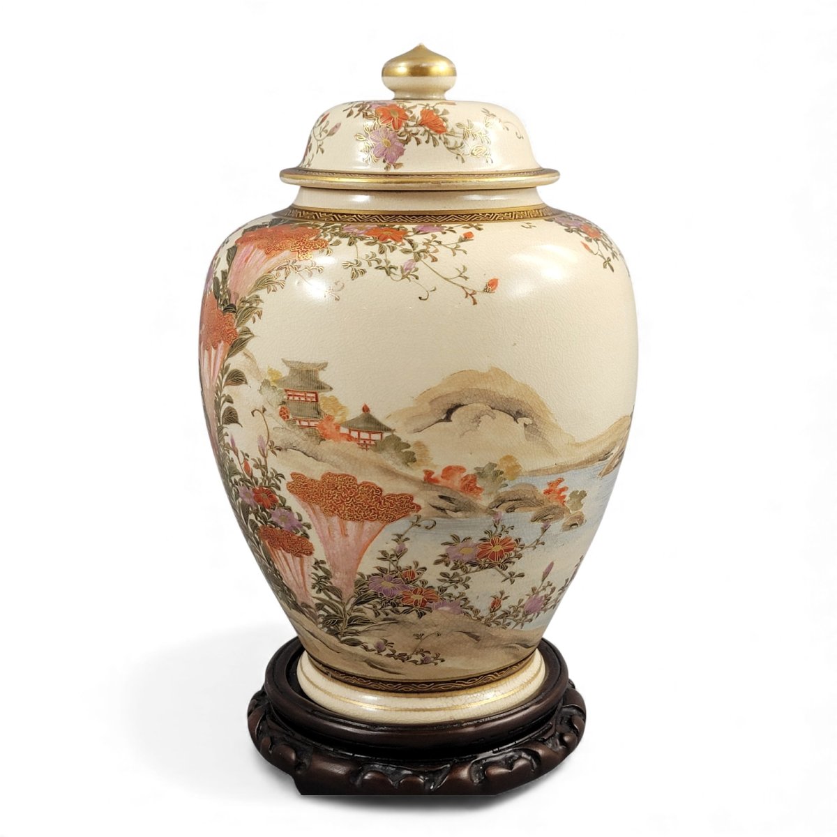Grand Pot Couvercle en Satsuma de Kyoto, Paysage Signé Yamashu, vers 1890-photo-2