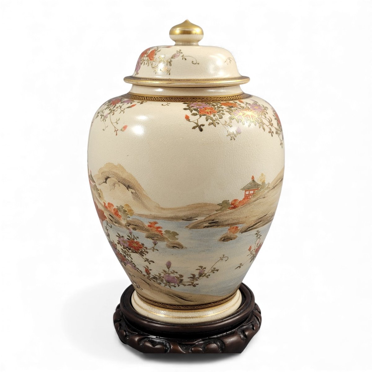 Grand Pot Couvercle en Satsuma de Kyoto, Paysage Signé Yamashu, vers 1890-photo-8