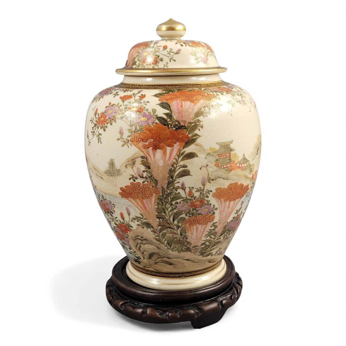 Grand Pot Couvercle en Satsuma de Kyoto, Paysage Signé Yamashu, vers 1890