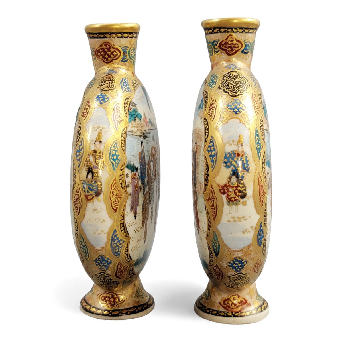 Pair Of Kyoto Satsuma Miniature Moon Flask Vases, Meiji Period C.1900-photo-2