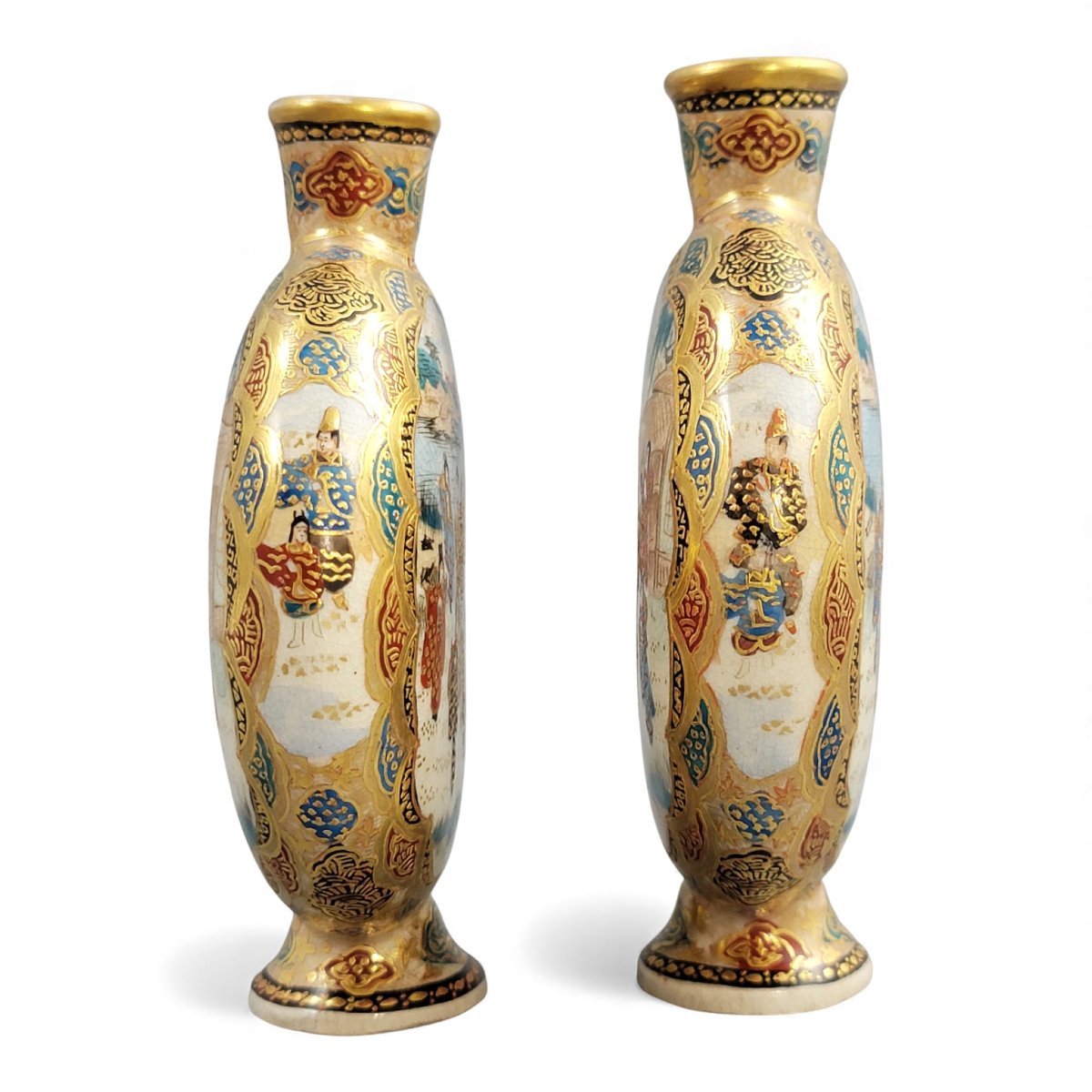 Pair Of Kyoto Satsuma Miniature Moon Flask Vases, Meiji Period C.1900-photo-4