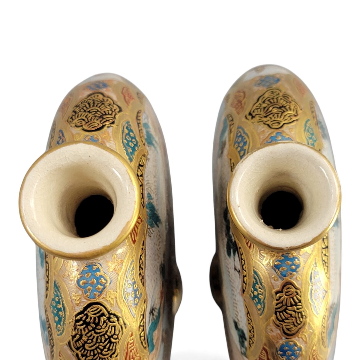 Pair Of Kyoto Satsuma Miniature Moon Flask Vases, Meiji Period C.1900-photo-1