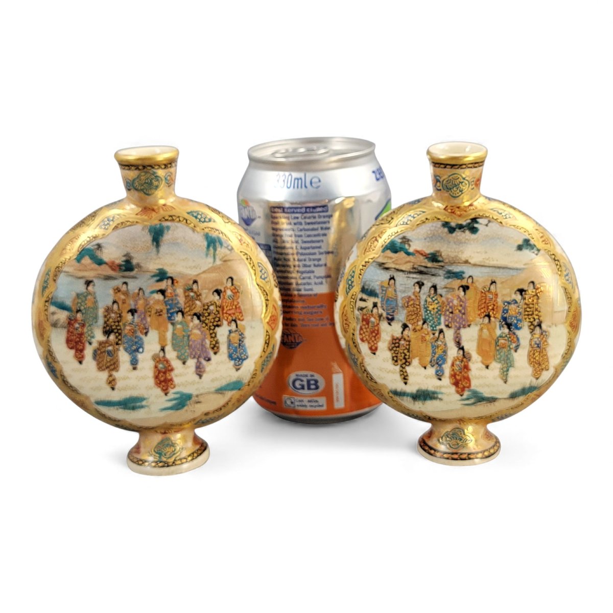 Pair Of Kyoto Satsuma Miniature Moon Flask Vases, Meiji Period C.1900-photo-6