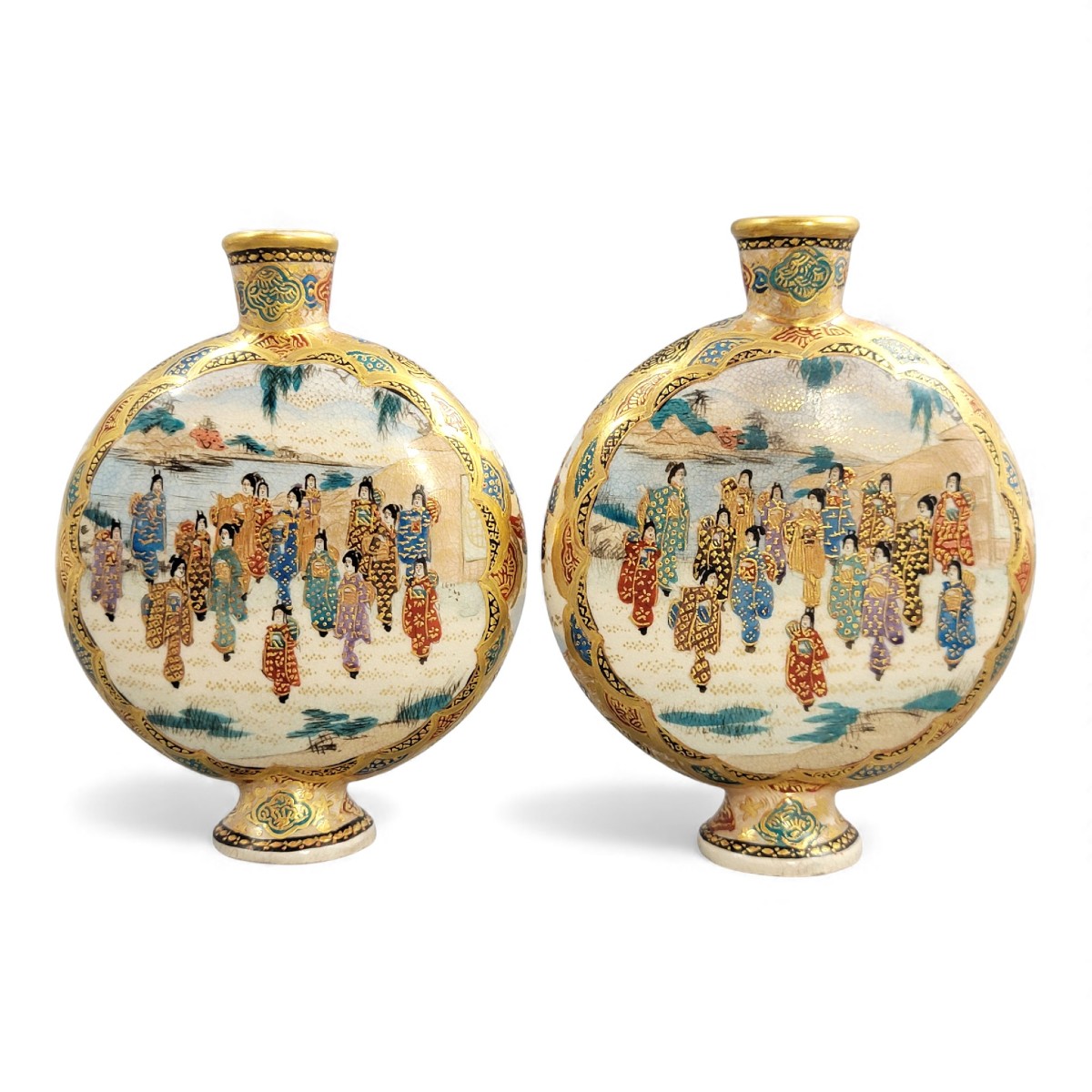 Pair Of Kyoto Satsuma Miniature Moon Flask Vases, Meiji Period C.1900