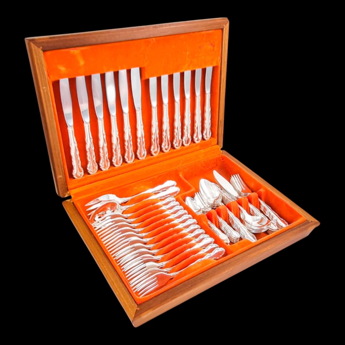 Vintage Oneida 62-piece “flirtation” Cutlery Set In Teak Box-photo-2