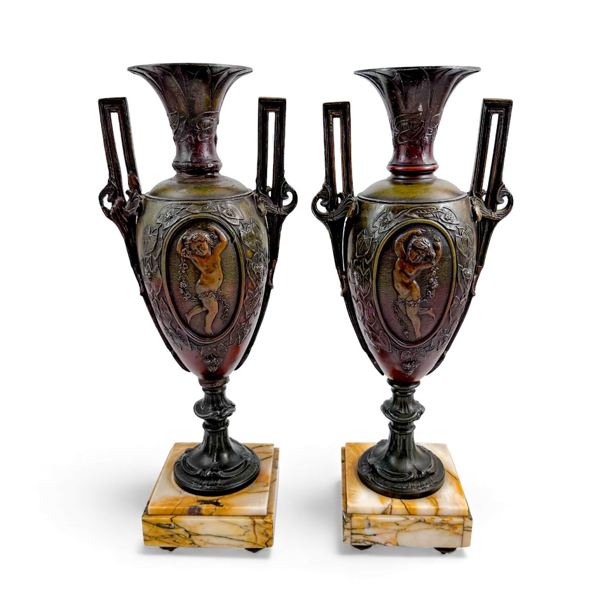 Paire de vases Amphora en régule, France XIXe siècle, sur bases en marbre-photo-3