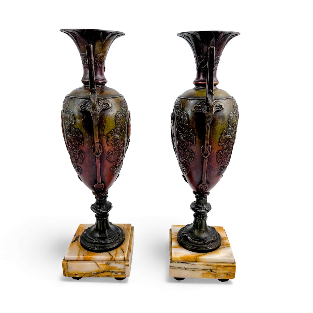 Paire de vases Amphora en régule, France XIXe siècle, sur bases en marbre-photo-4