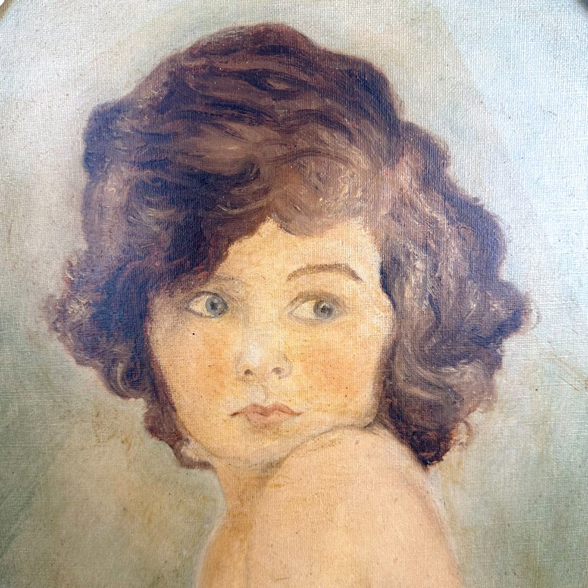Bown Jones, « Childhood », 1930 – Portrait à l’huile dans un cadre ovalisé ébonisé-photo-1