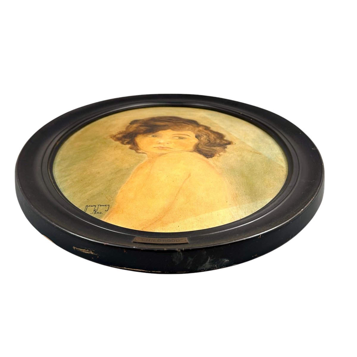 Bown Jones, « Childhood », 1930 – Portrait à l’huile dans un cadre ovalisé ébonisé-photo-2