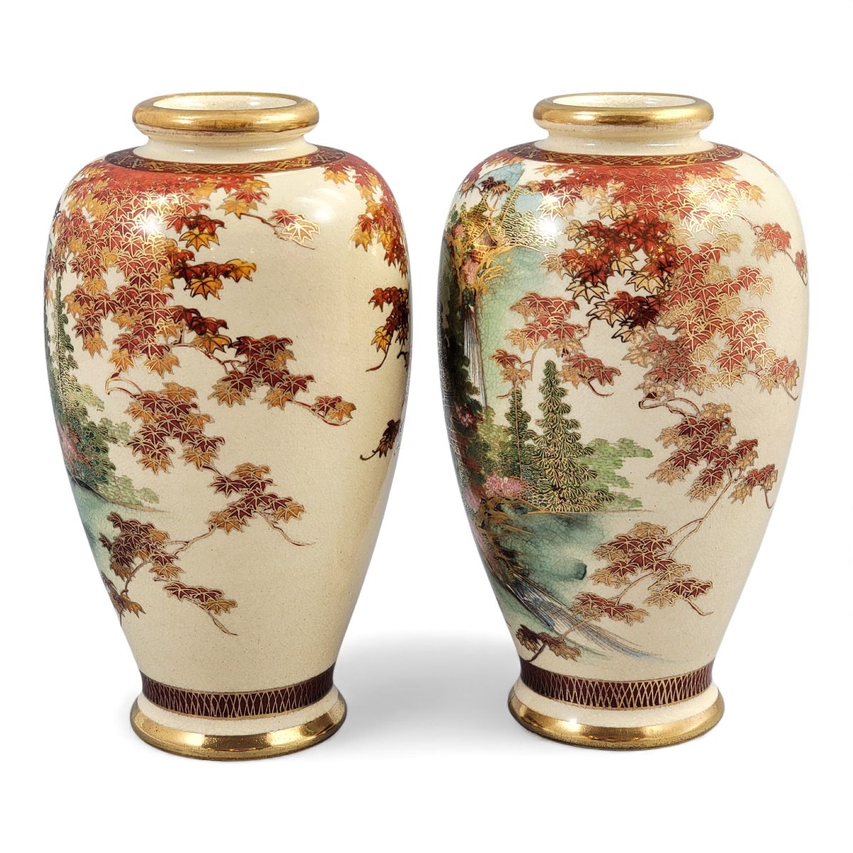 Pair Of Kyoto Satsuma Landscape Vases, Late Meiji-photo-2