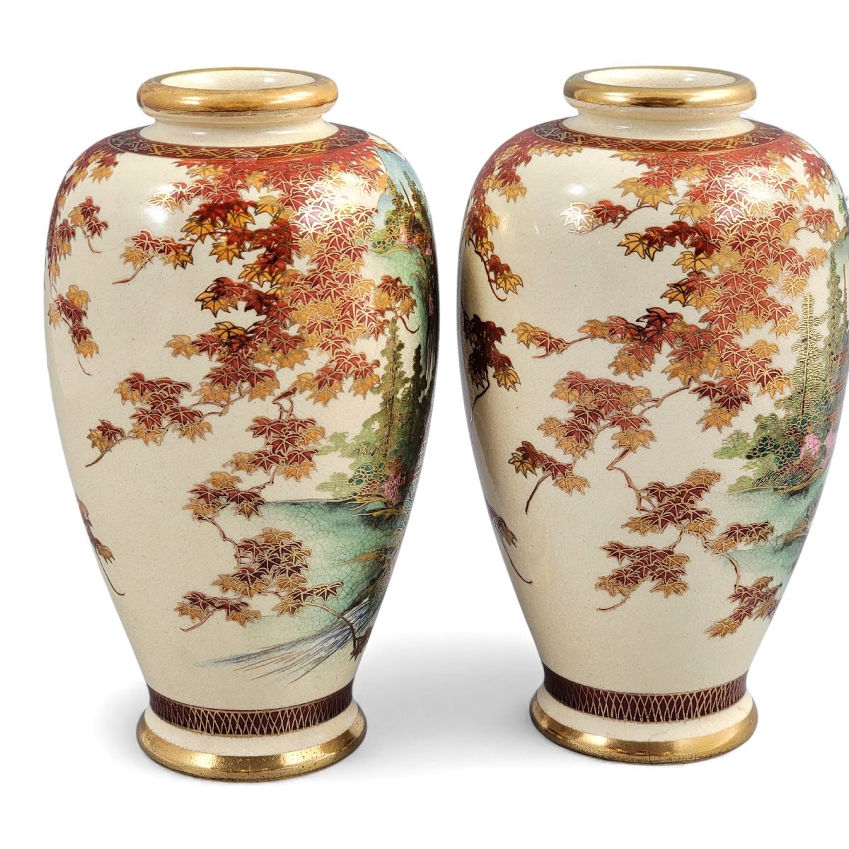 Pair Of Kyoto Satsuma Landscape Vases, Late Meiji-photo-4