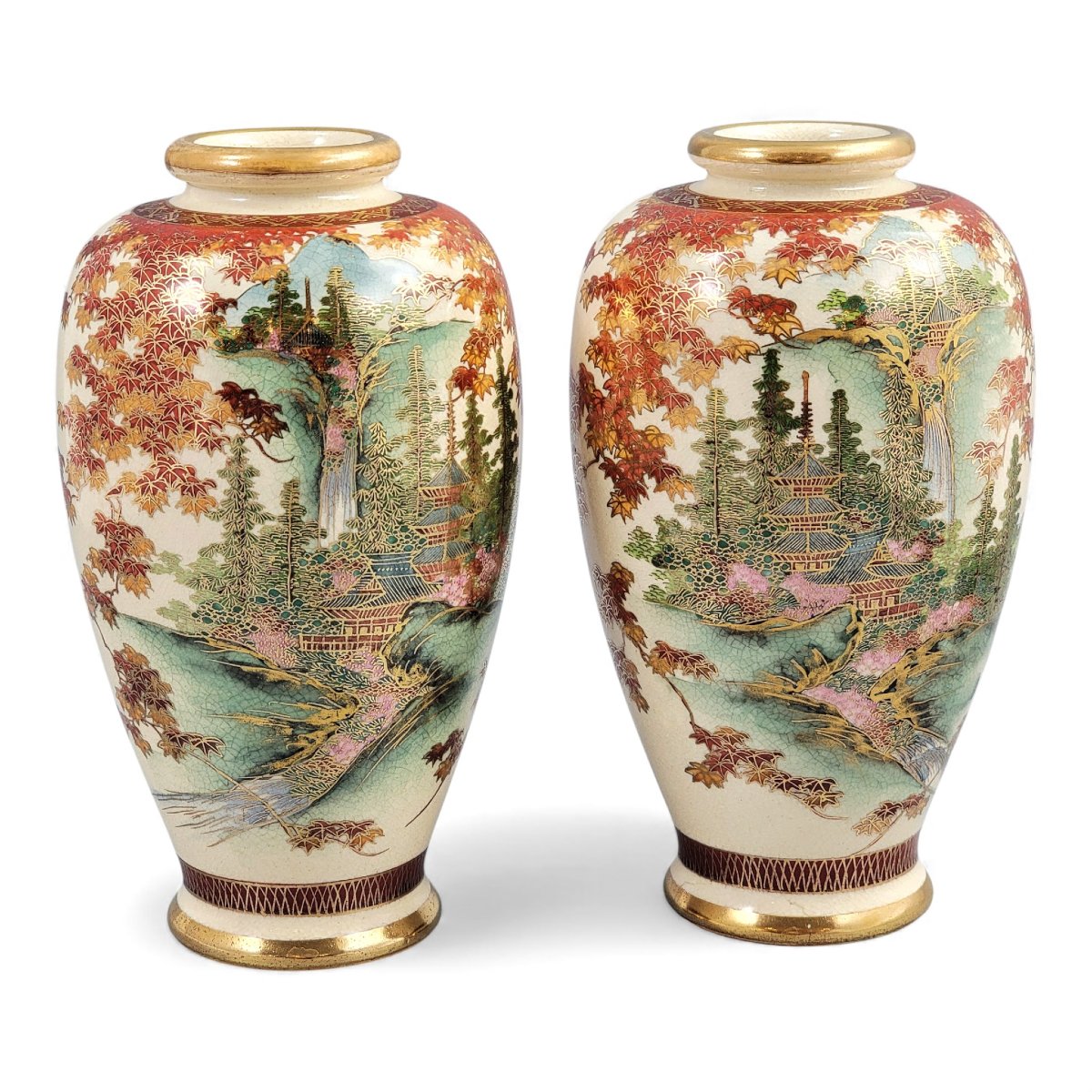 Pair Of Kyoto Satsuma Landscape Vases, Late Meiji-photo-1
