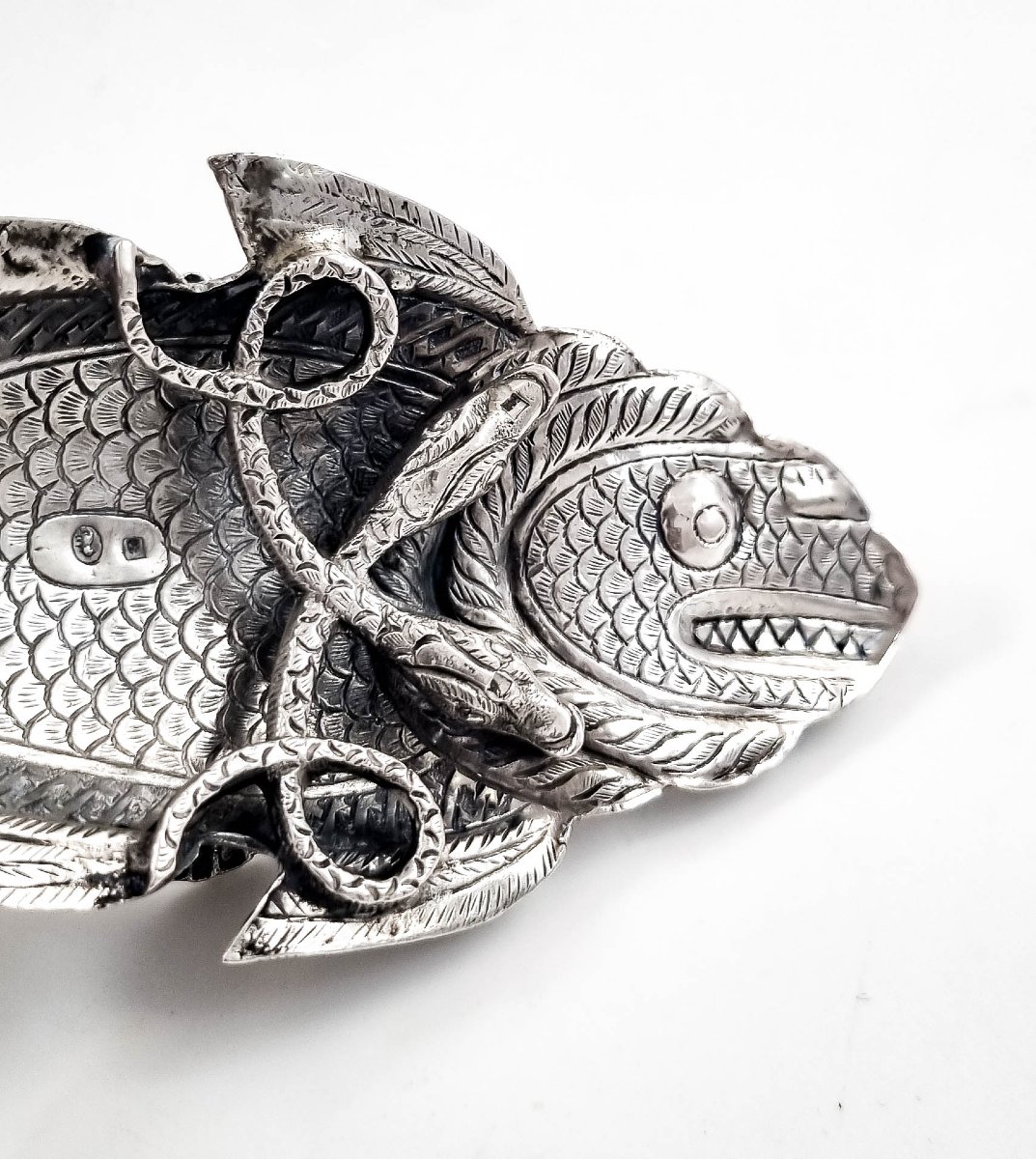 Kutch Indian Silver Fish & Snake Dish, C. 1890-photo-6