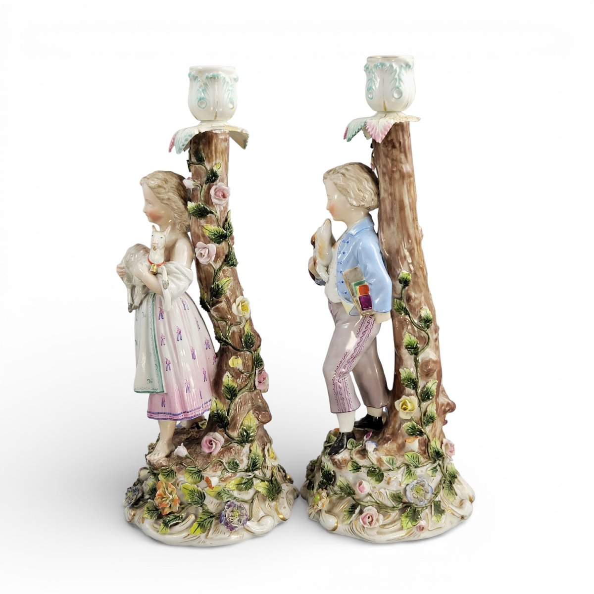 Pair Of Large Sitzendorf Figural Porcelain Candlesticks, Germany, C.1890-photo-2