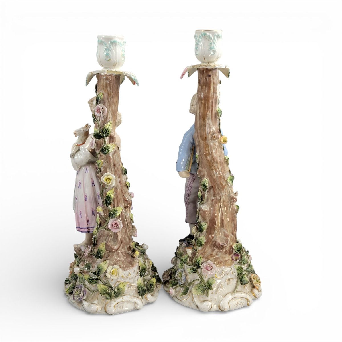 Pair Of Large Sitzendorf Figural Porcelain Candlesticks, Germany, C.1890-photo-3