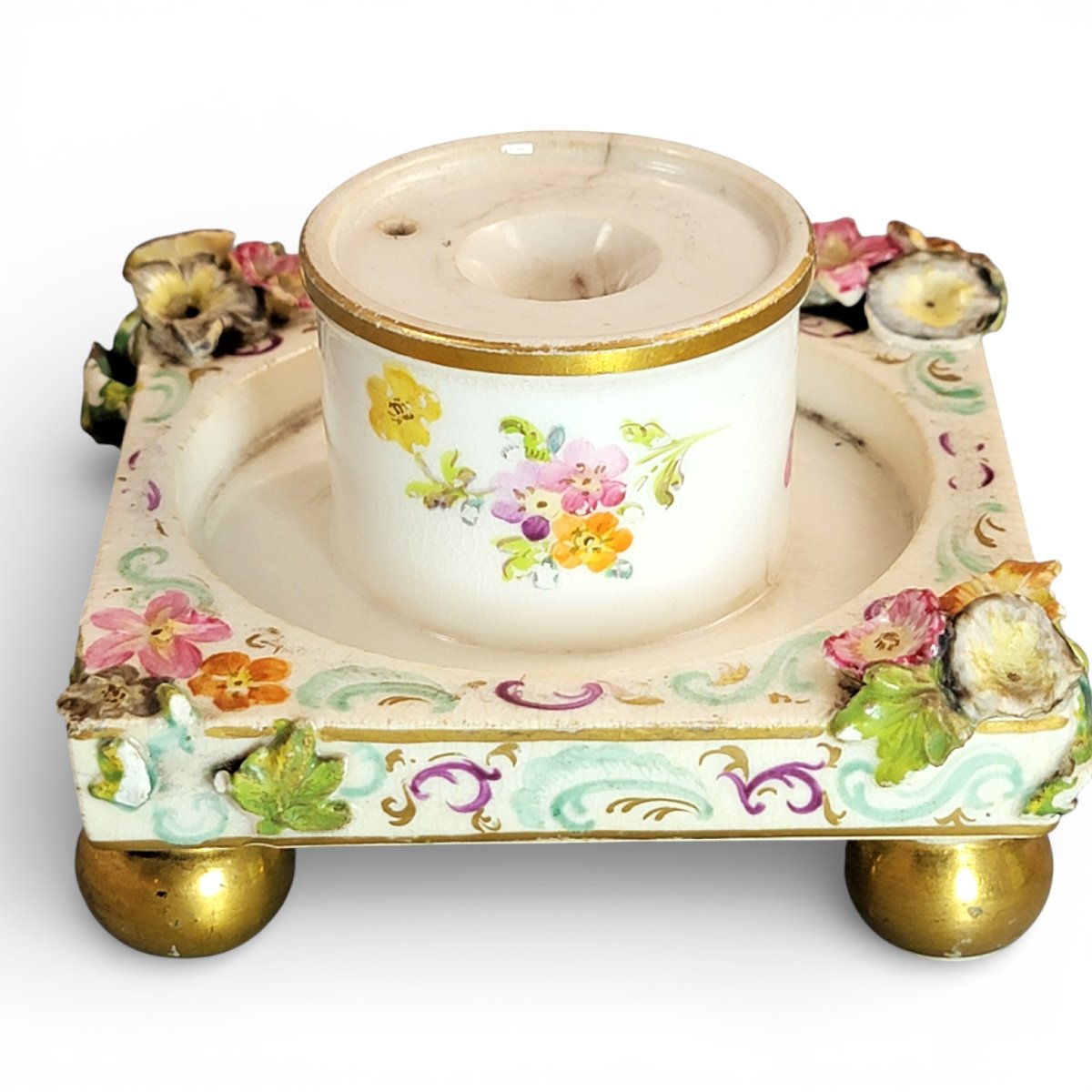 Antique German Porcelain Inkstand With Schneeballen Decoration, Saxony, C.1800-photo-6
