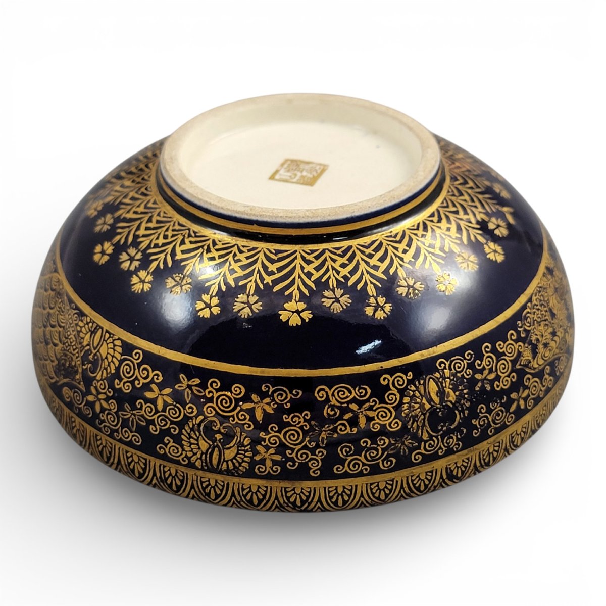 Antique Kinkozan Kyoto Satsuma Bowl, C.1880 – Cobalt Blue With Gilt Precision, Signed-photo-3