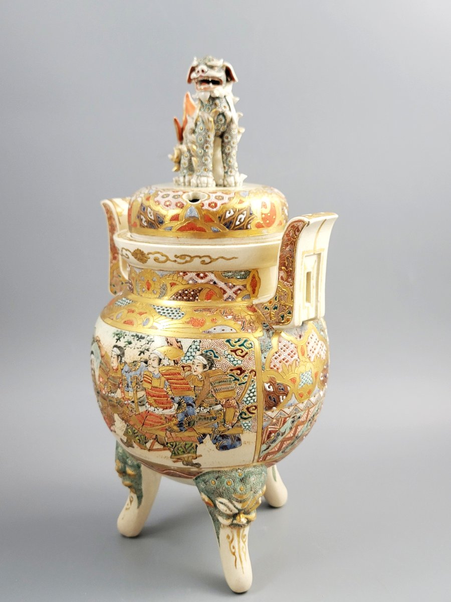 Satsuma Kyoto Incense Burner, Meiji Period C.1895, Shishi, Moriage, 34 Cm-photo-2