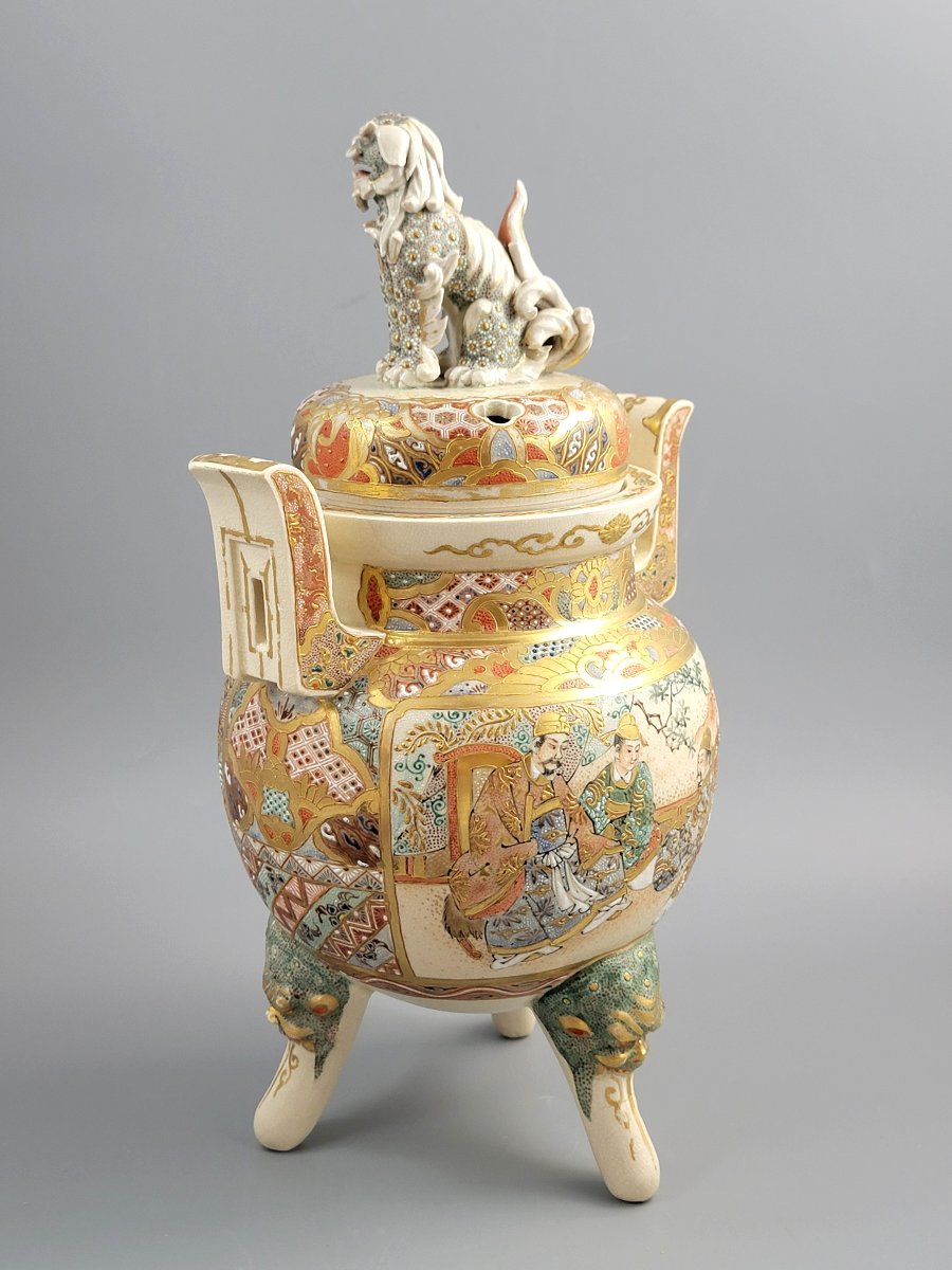 Satsuma Kyoto Incense Burner, Meiji Period C.1895, Shishi, Moriage, 34 Cm-photo-4