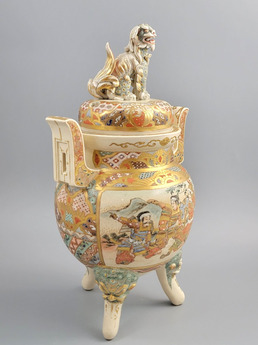 Satsuma Kyoto Incense Burner, Meiji Period C.1895, Shishi, Moriage, 34 Cm-photo-4