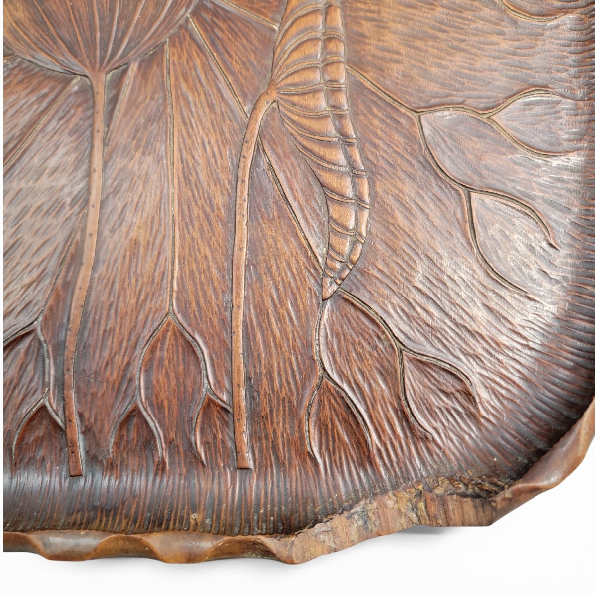 Plateau japonais en bois de keyaki sculpté au décor de lotus, période Meiji-photo-5