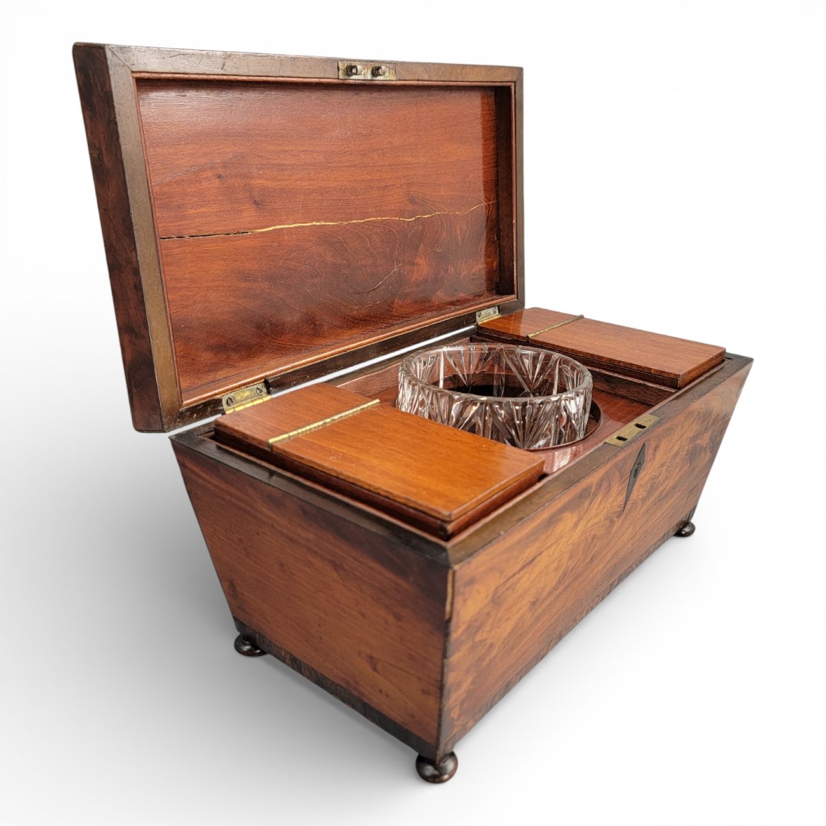 English Regency Mahogany Tea Caddy With Cut Glass Bowl, Early 19th Century-photo-2