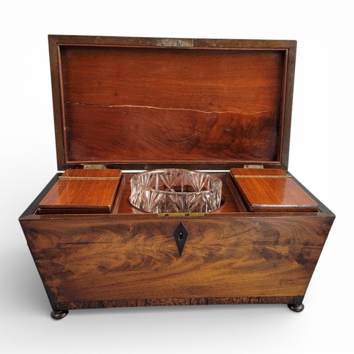 English Regency Mahogany Tea Caddy With Cut Glass Bowl, Early 19th Century-photo-3