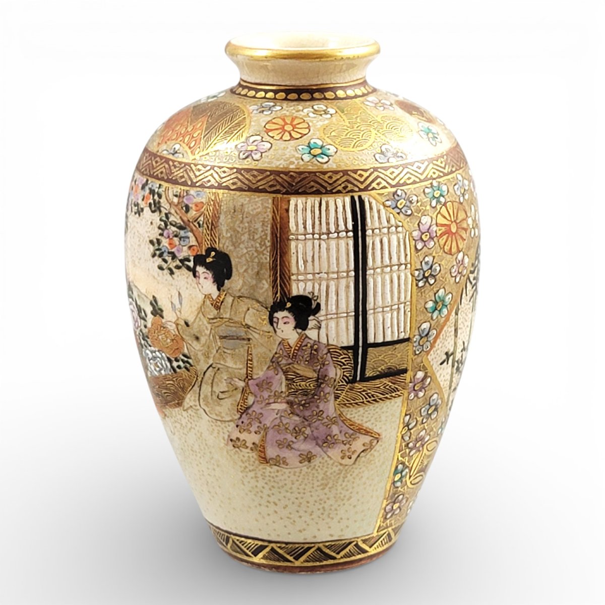 Antique Japanese Meiji Period Satsuma Vase By Shuzan With Stippled Gold (c. 1900)-photo-2