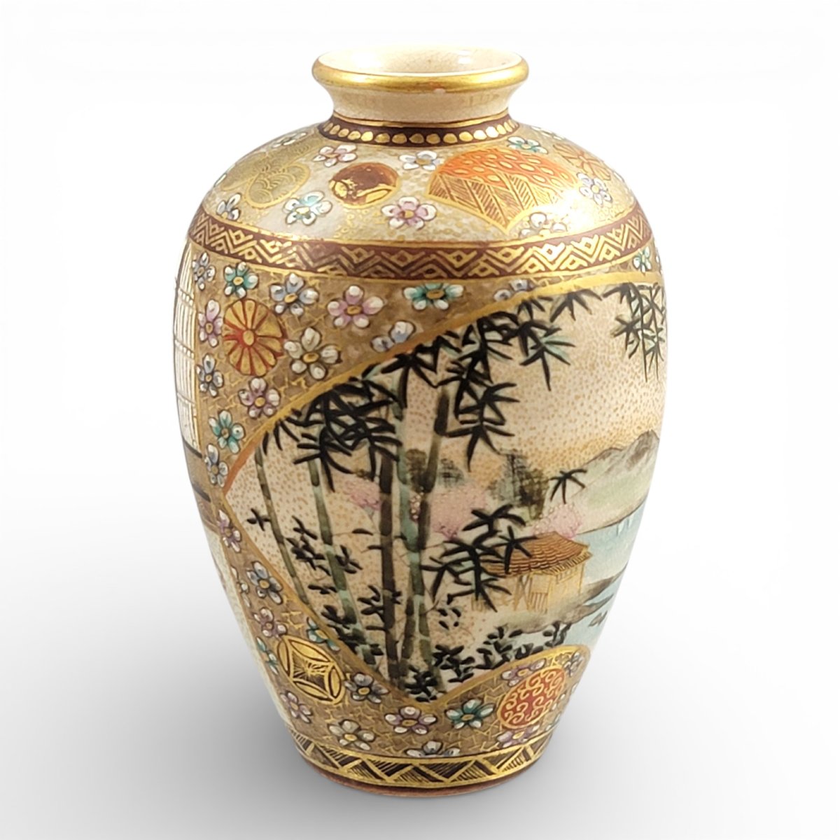 Antique Japanese Meiji Period Satsuma Vase By Shuzan With Stippled Gold (c. 1900)-photo-4