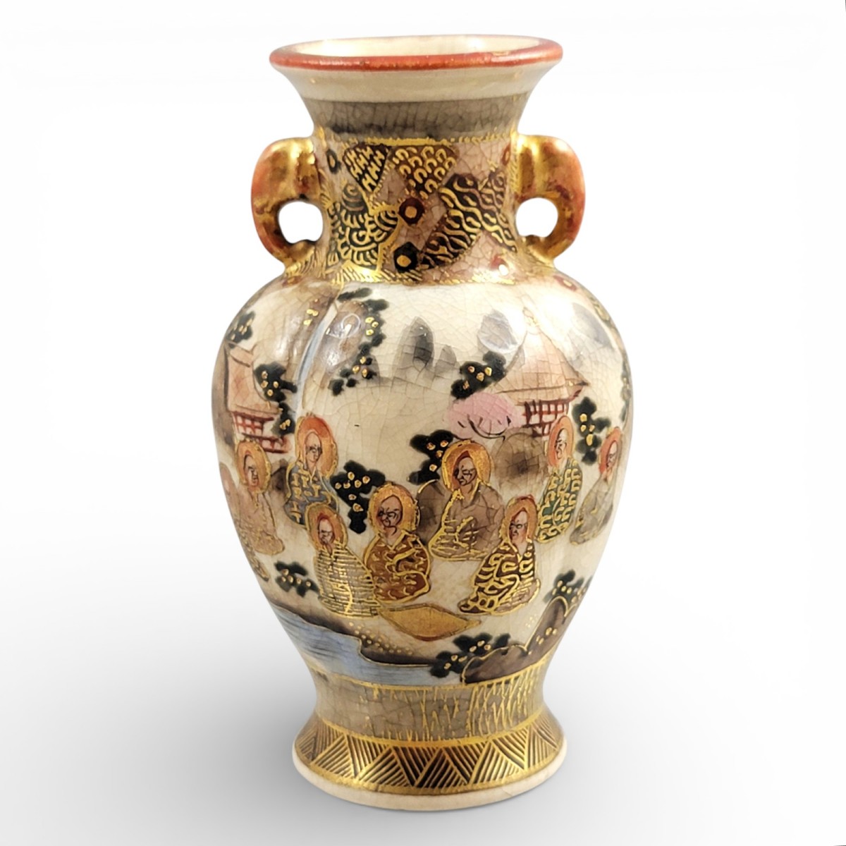 Vase miniature Satsuma Meiji fin XIXe, décor figuratif doré, mon Shimazu