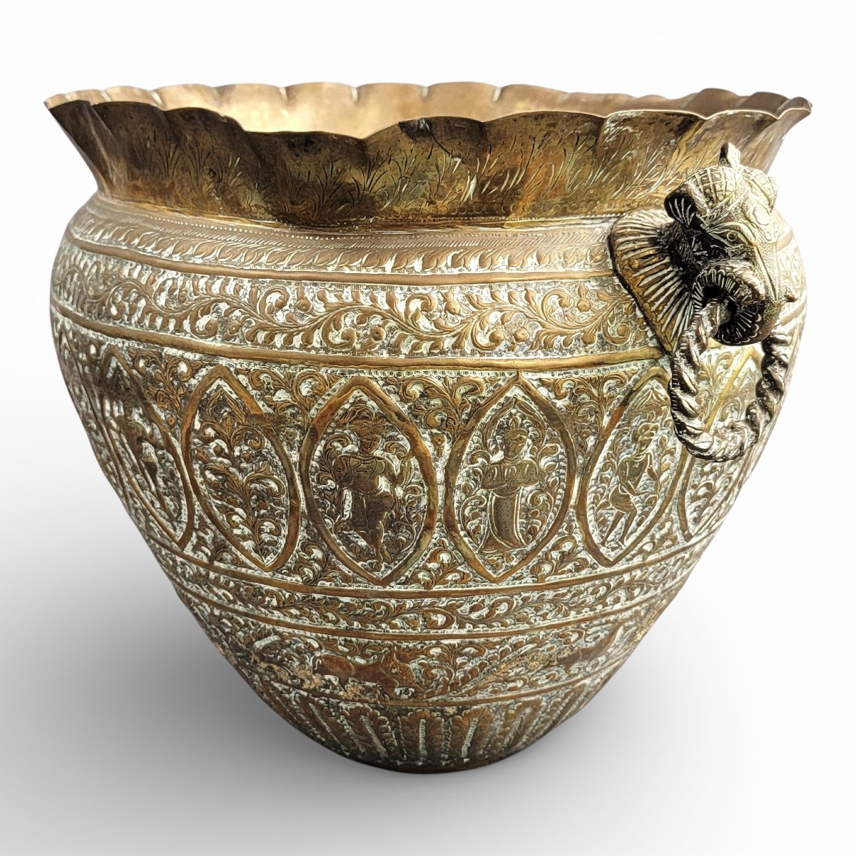 Large Indian Brass Jardinière With Elephant Handles, Raj Period, C.1880-photo-2