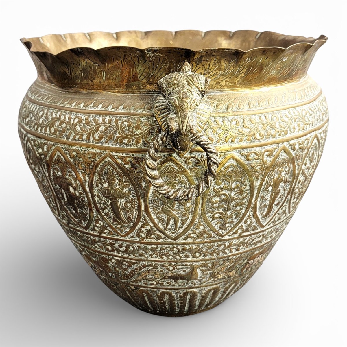 Large Indian Brass Jardinière With Elephant Handles, Raj Period, C.1880-photo-3