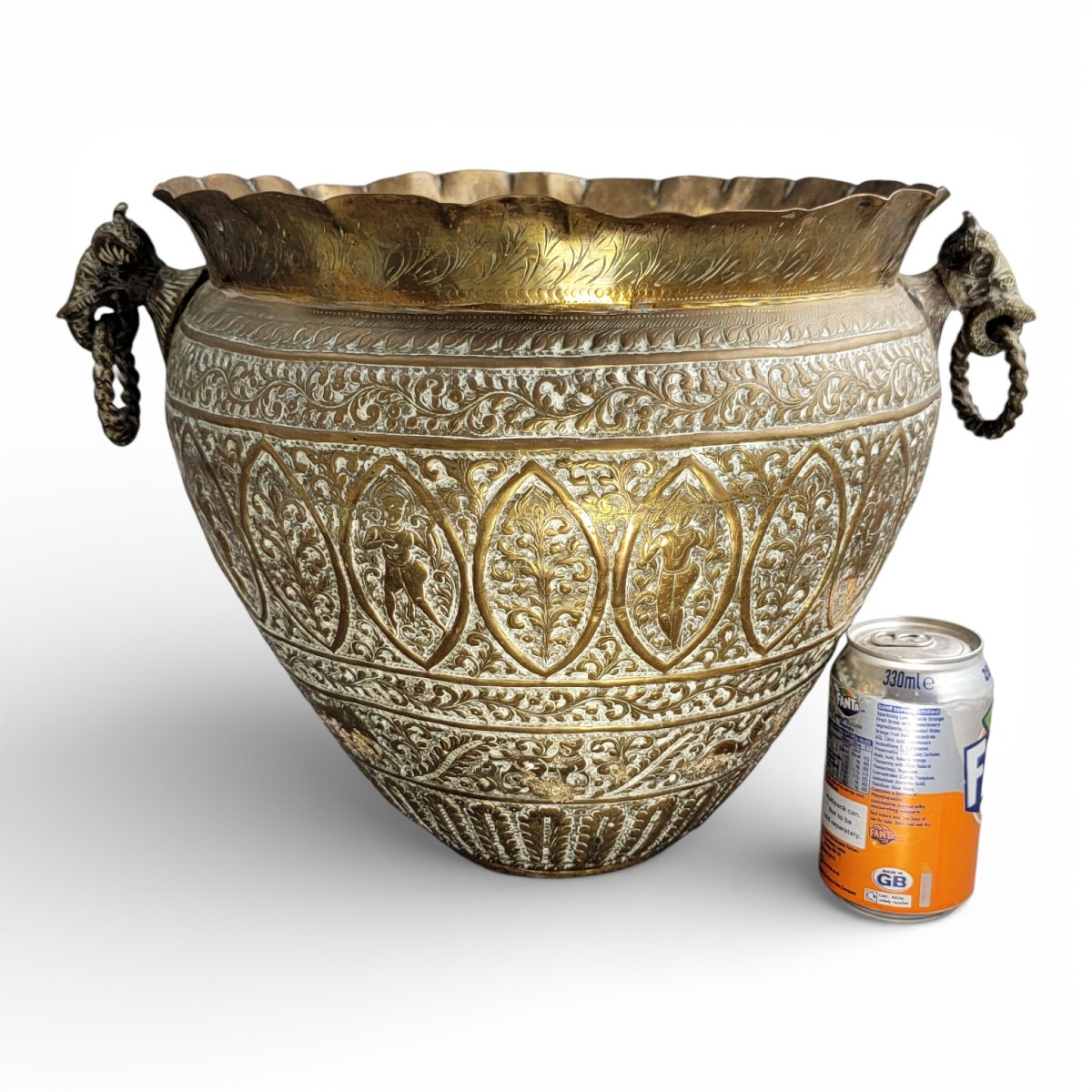 Large Indian Brass Jardinière With Elephant Handles, Raj Period, C.1880-photo-4