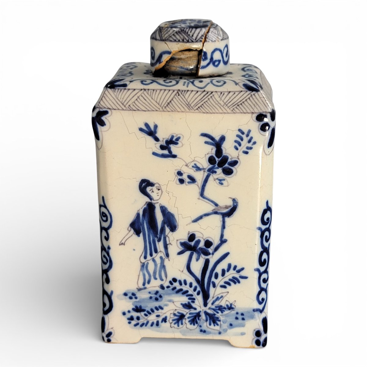 Théière/Boîte à thé Delft (Pays-Bas), faïence bleu & blanc, chinoiserie, XVIIIe-photo-4