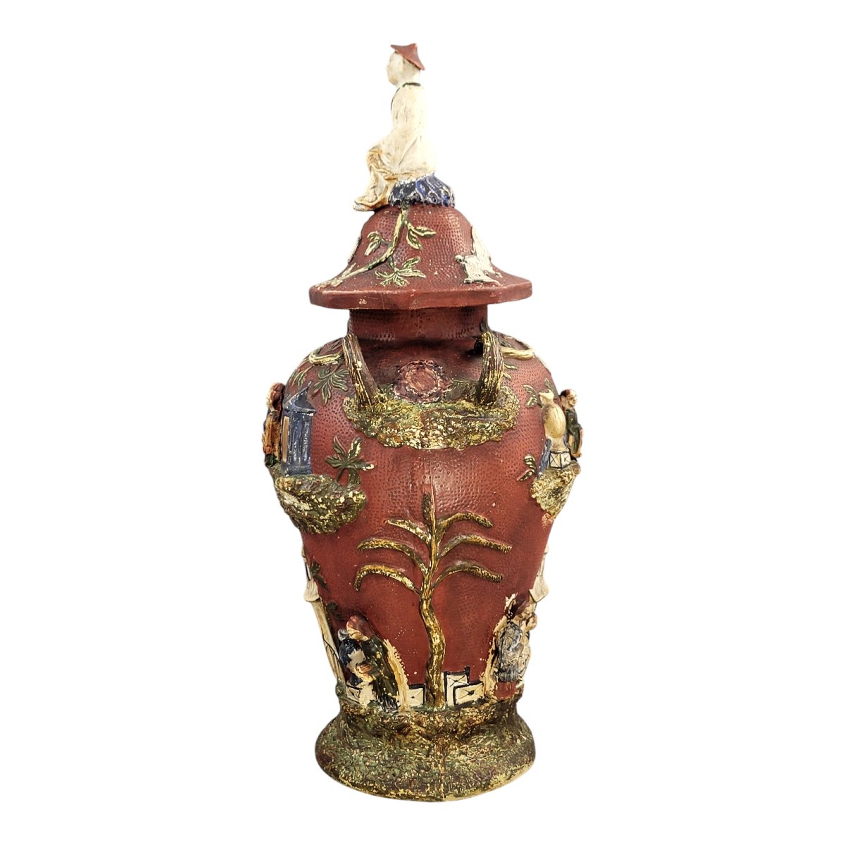 Monumental Continental Maiolica Vase With Chinoiserie Relief, C.1860–1880-photo-3