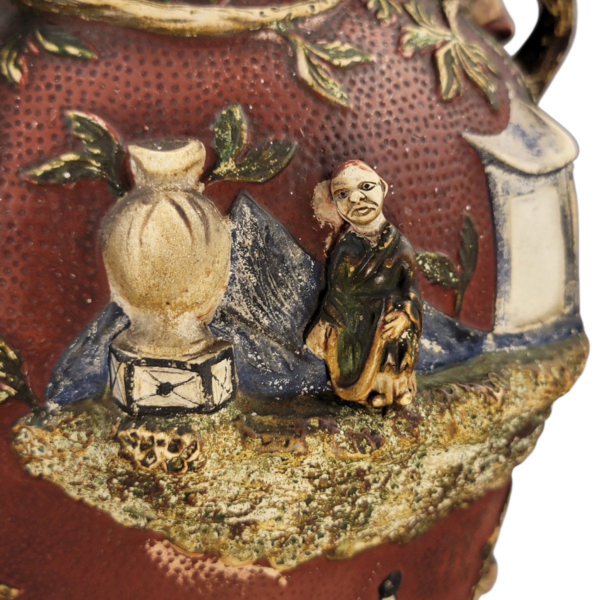 Monumental Continental Maiolica Vase With Chinoiserie Relief, C.1860–1880-photo-3