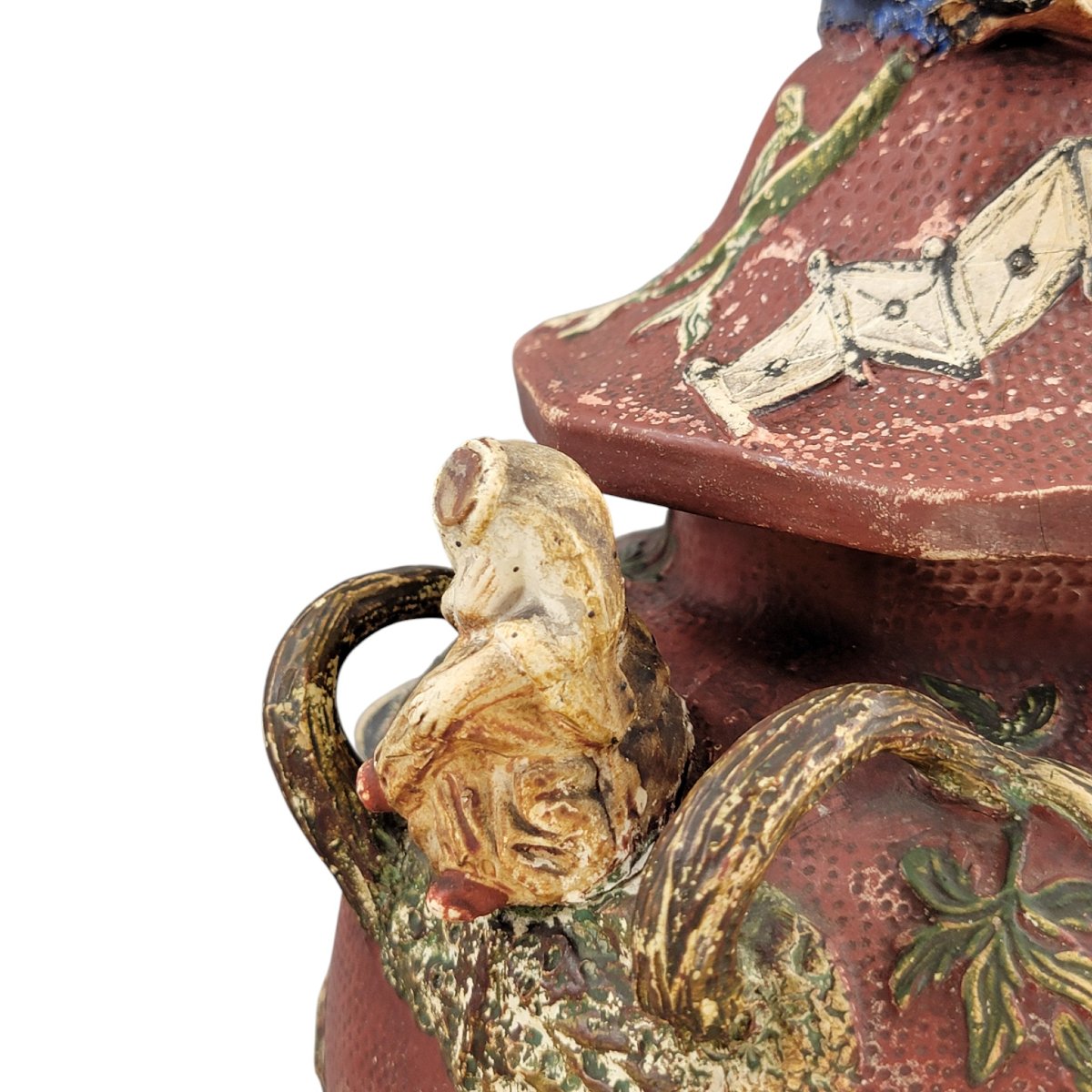 Monumental Continental Maiolica Vase With Chinoiserie Relief, C.1860–1880-photo-4