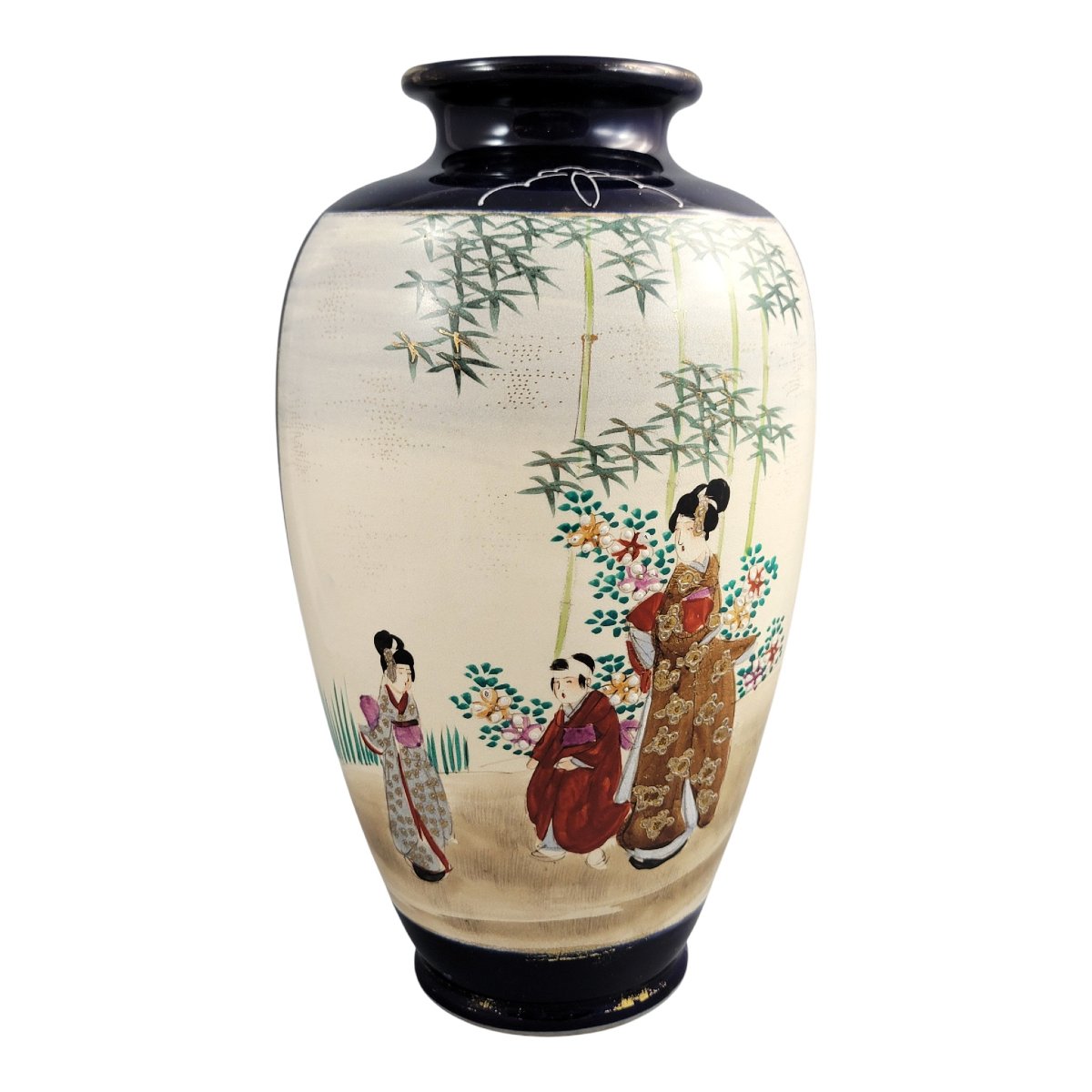 Grand vase Satsuma à fond bleu cobalt, décor de cour et moriage, Japon, vers 1890–1910-photo-4