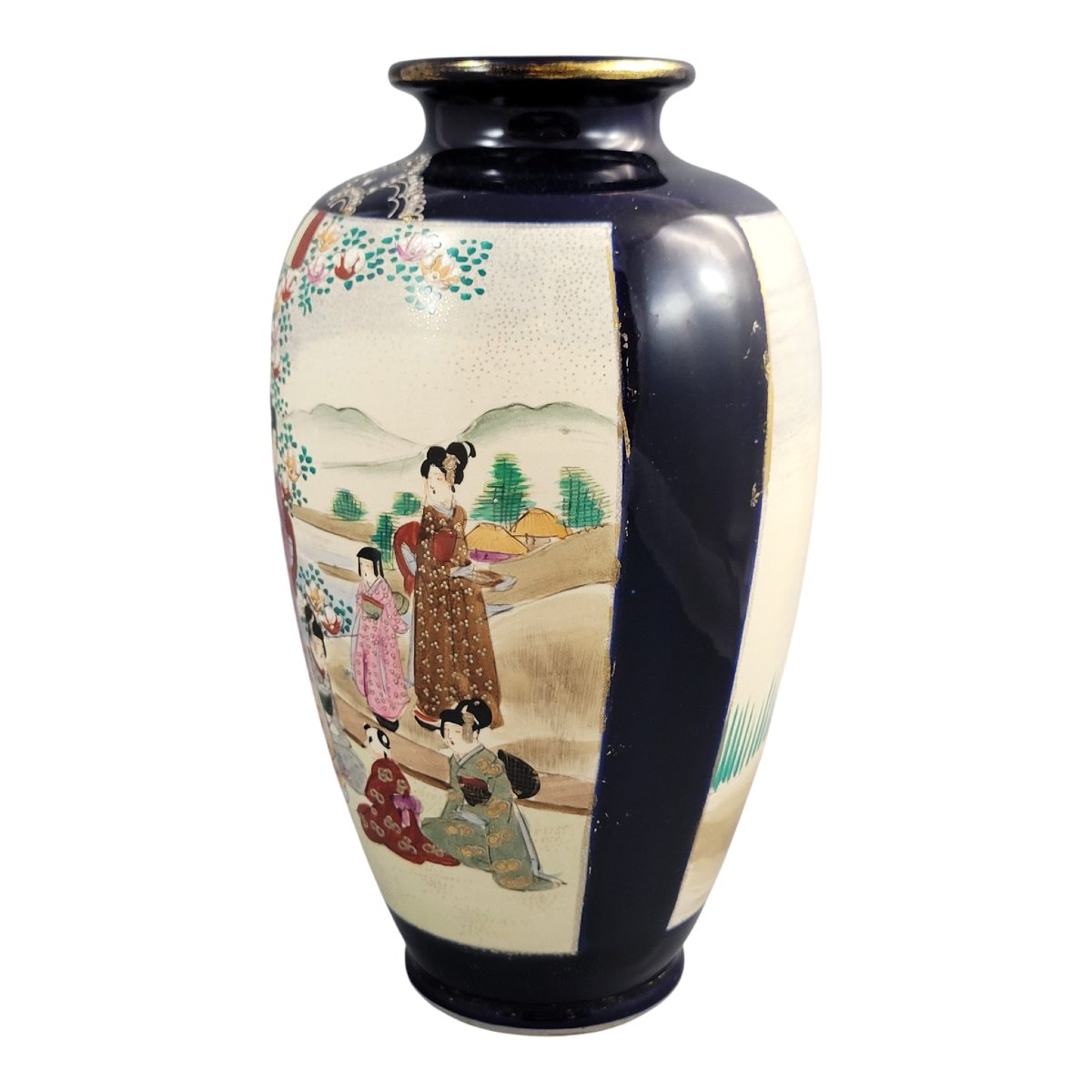 Grand vase Satsuma à fond bleu cobalt, décor de cour et moriage, Japon, vers 1890–1910-photo-6