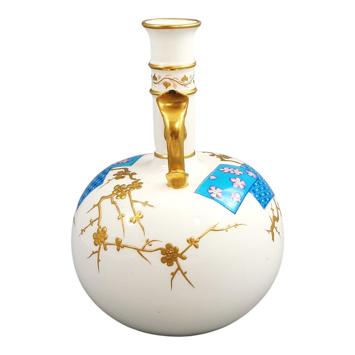 Minton Porcelain Bottle Vase With Raised Gilded Prunus By Christopher Dresser, C. 1890-photo-2