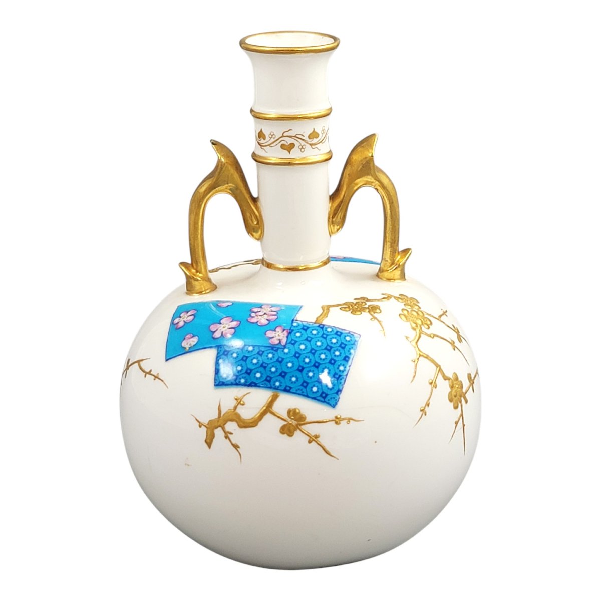 Minton Porcelain Bottle Vase With Raised Gilded Prunus By Christopher Dresser, C. 1890-photo-3