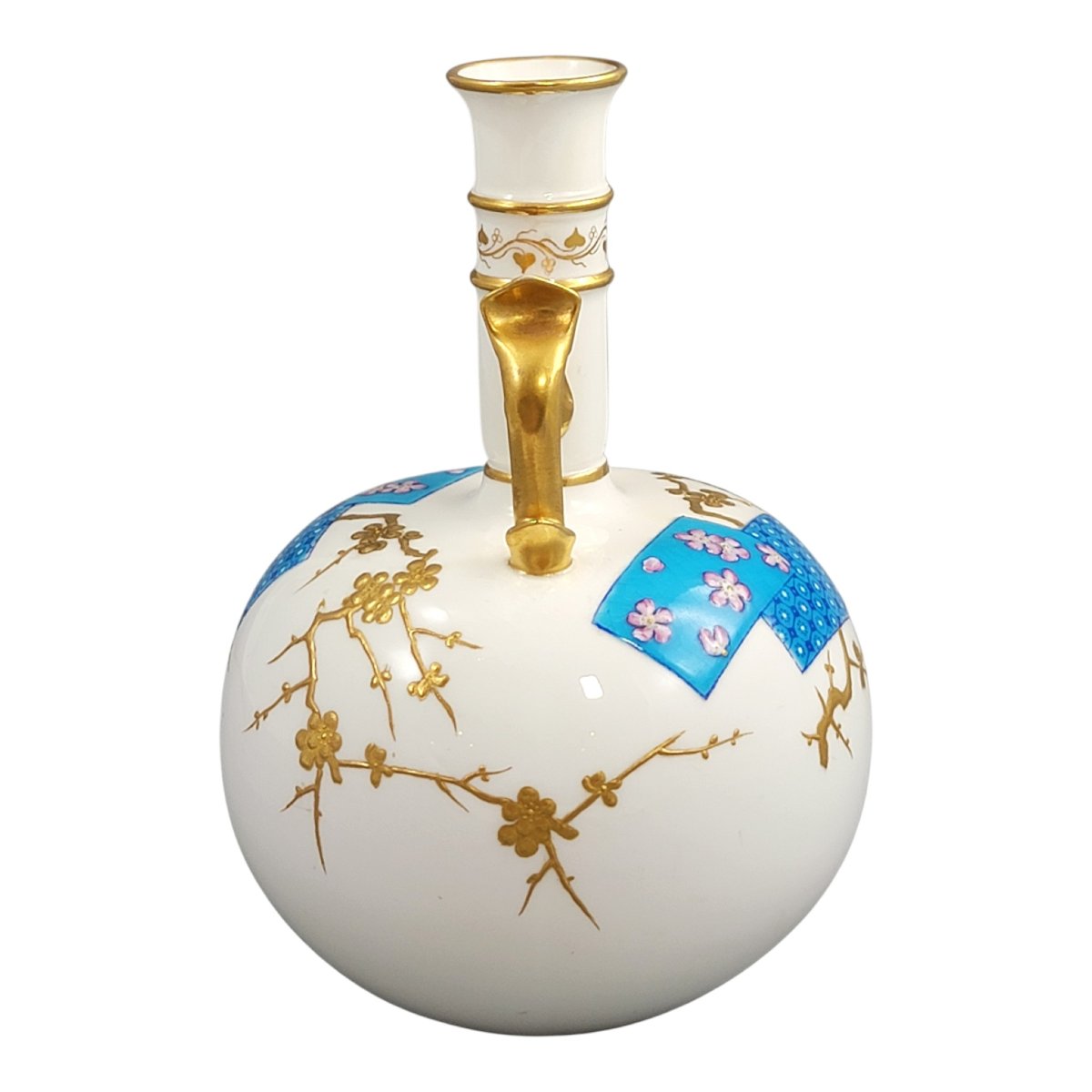 Minton Porcelain Bottle Vase With Raised Gilded Prunus By Christopher Dresser, C. 1890-photo-4