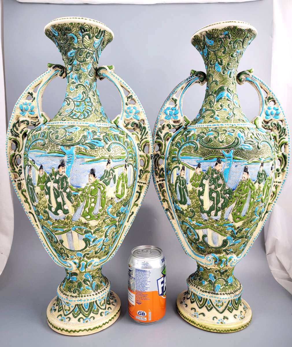 Paire de Vases Monumentaux Japonais Époque Meiji (47,5 cm) - Relief Moriage Qualité Musée-photo-5